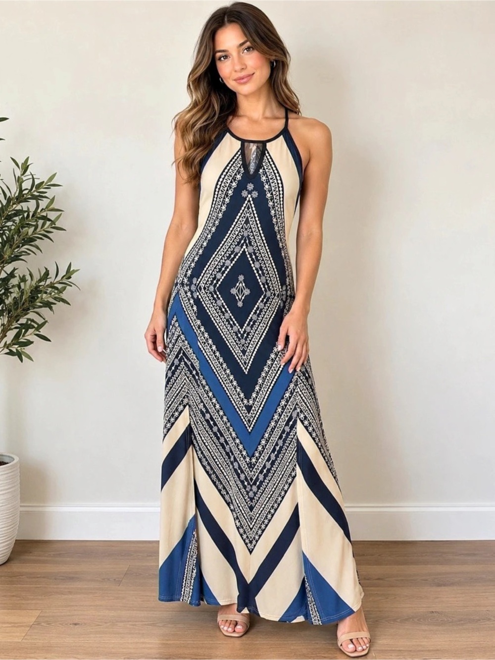 New Look Geometric Maxi Dress in Blue & Cream Size 4 Like New